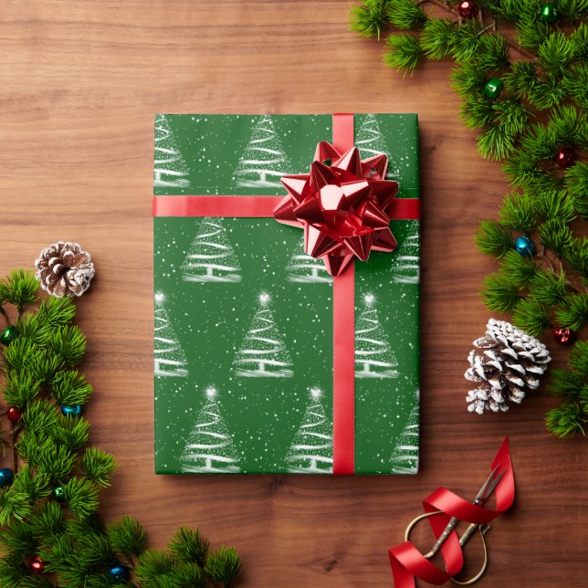Papel De Presente árvore branca das estrelas de Natal em verde (Presente de Natal)