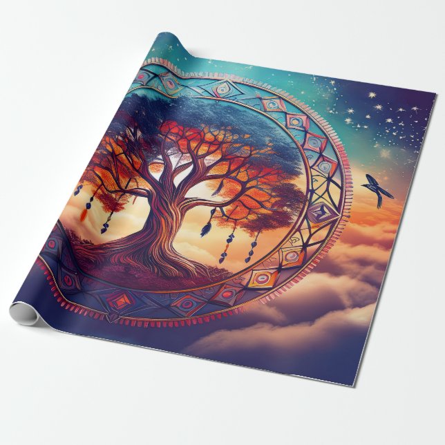 Papel De Presente Árvore da Vida de Dreamcatcher, Explosão Espiritua (Desenrolado)
