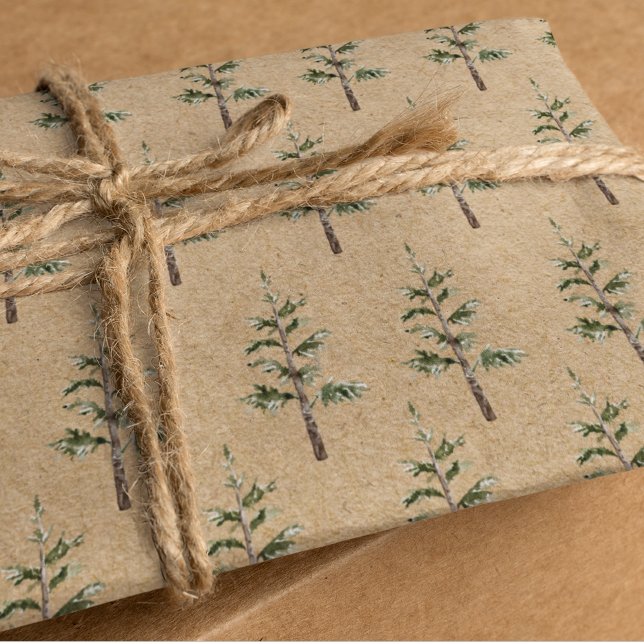 Papel De Presente Árvore de Aquarela Verde Pine de inverno Kraft (Criador carregado)