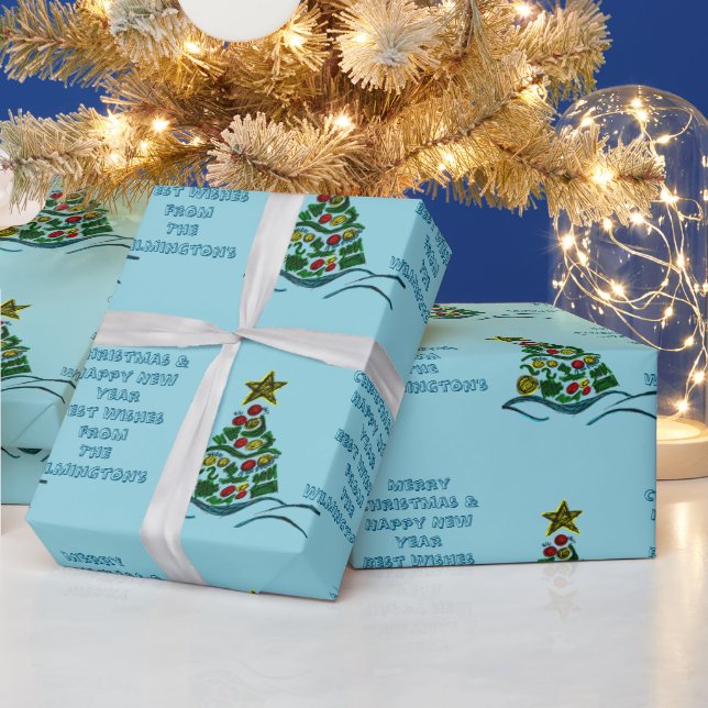 Papel De Presente Árvore de Artesanato Festiva no Natal Azul Pálido (Feriados)