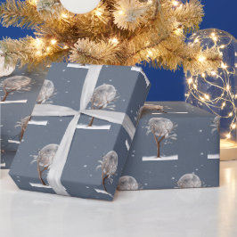 Papel De Presente Árvore de Inverno com Lua e Coruja