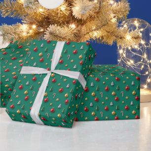Papel De Presente Árvore de Natal 3D, Enfeites e Presentes em Verde