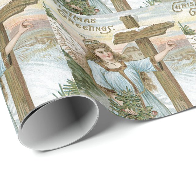 Papel De Presente Árvore de Natal Anjo Cruz Cabana de Inverno (Ponta do rolo)