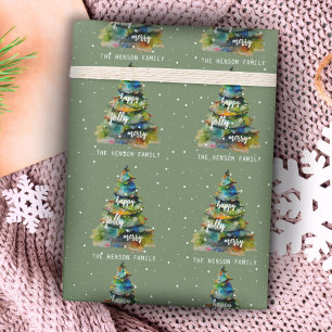 Papel De Presente Árvore de Natal Aquarela Alegre Feliz Contente