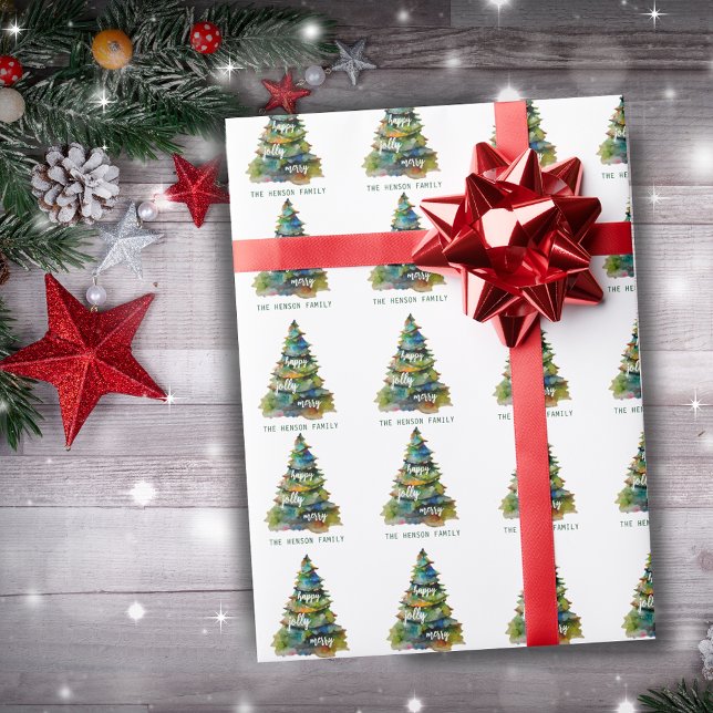 Papel De Presente Árvore de Natal Aquarela Alegre Feliz Contente (Criador carregado)