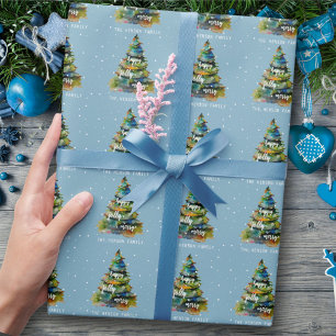 Papel De Presente Árvore de Natal Aquarela Alegre Jolly Feliz Azul