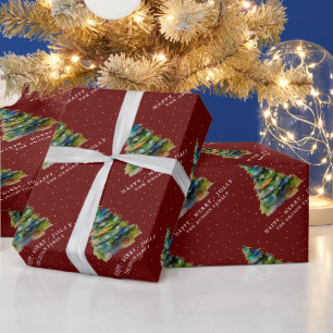 Papel De Presente Árvore de Natal Artística Aquarela Alegre Alegre V