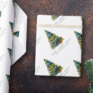 Papel De Presente Árvore de Natal Artística Aquarela Alegre e Divert