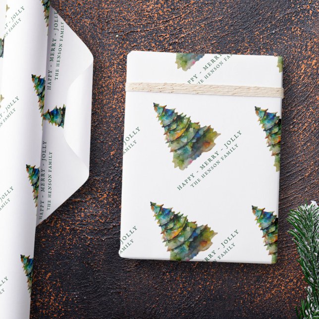 Papel De Presente Árvore de Natal Artística Aquarela Alegre e Divert (Criador carregado)