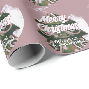 Papel De Presente Árvore de Natal Artística Verde Rosa Alegre Script