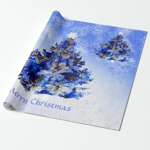 Papel De Presente Árvore de Natal azul decorada