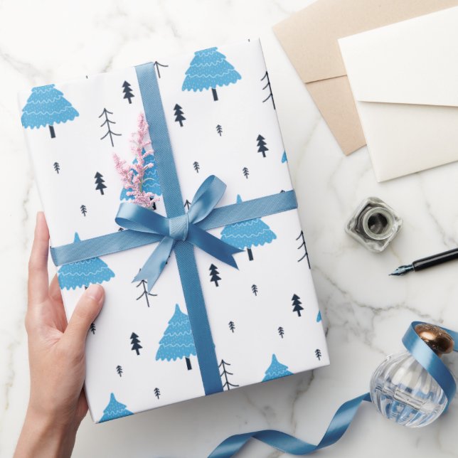 Papel De Presente Árvore de Natal Azul Padrão (Presentear)
