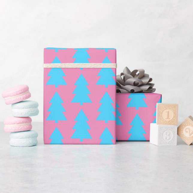 Papel De Presente Árvore de Natal Azul Rosa Abstrata Simples (Chá de bebê)