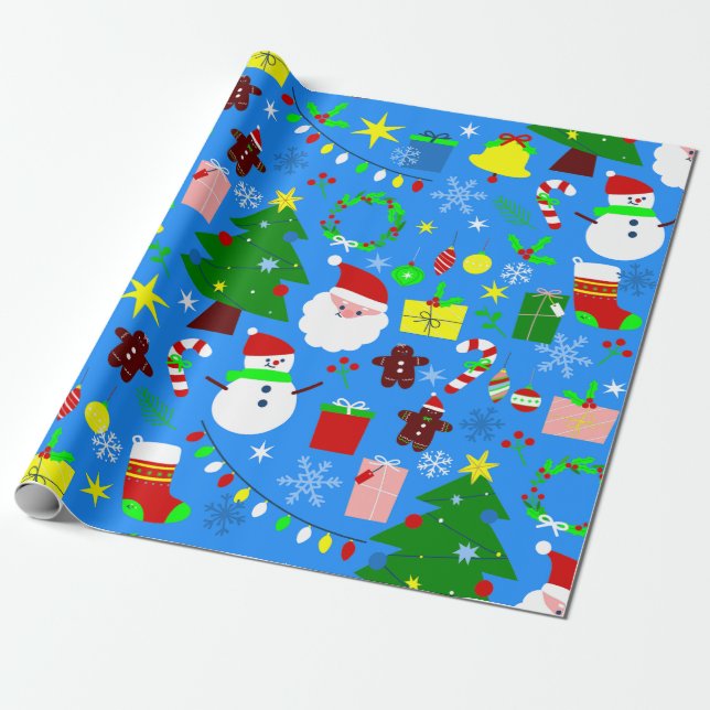 Papel De Presente árvore de natal azul santa claus (Desenrolado)