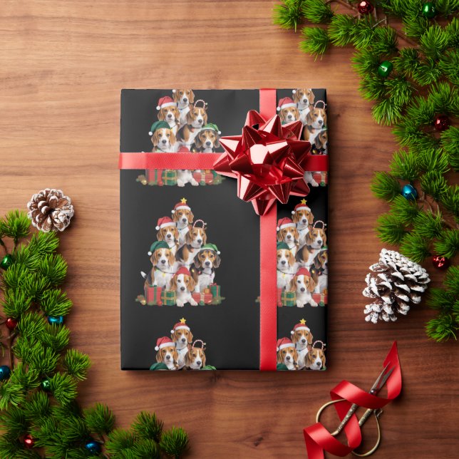 Papel De Presente Árvore de Natal Beagle com Cachorro Papai Noel Cac (Presente de Natal)