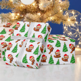 Papel De Presente Árvore de Natal bonita Red Panda Santa Hat