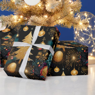 Papel De Presente Árvore de Natal Botânica Luxo Dourado Preto