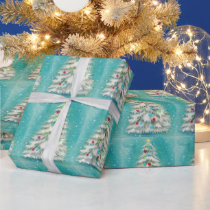 Papel De Presente Árvore de Natal Branca Bolas Vermelhas Verdes e Az