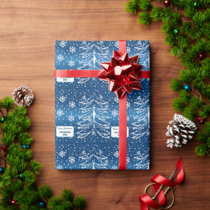 Papel De Presente Árvore de Natal branca e azul, monograma