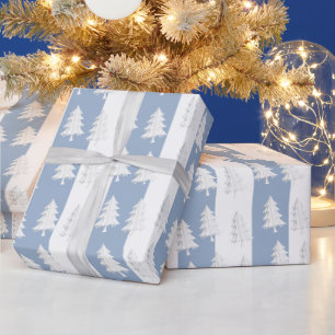 Papel De Presente Árvore de Natal Branca Enfeitada  Listra Azul e Br