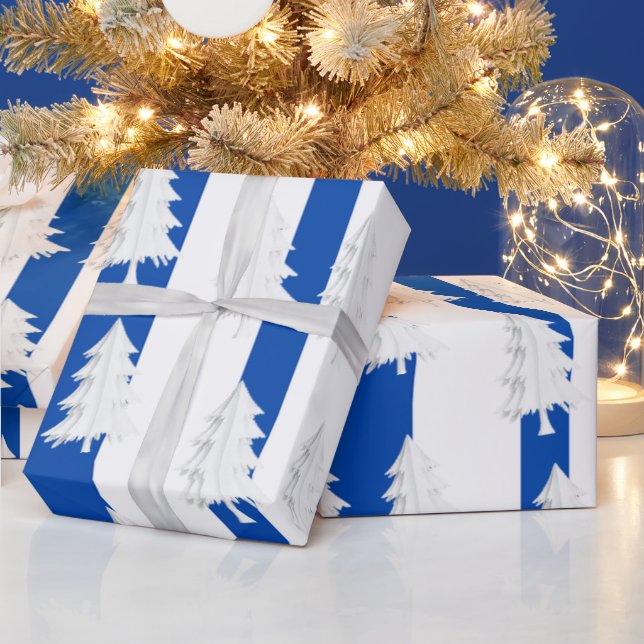 Papel De Presente Árvore de Natal Branca Enfeite Faixa Azul e Branco (Feriados)