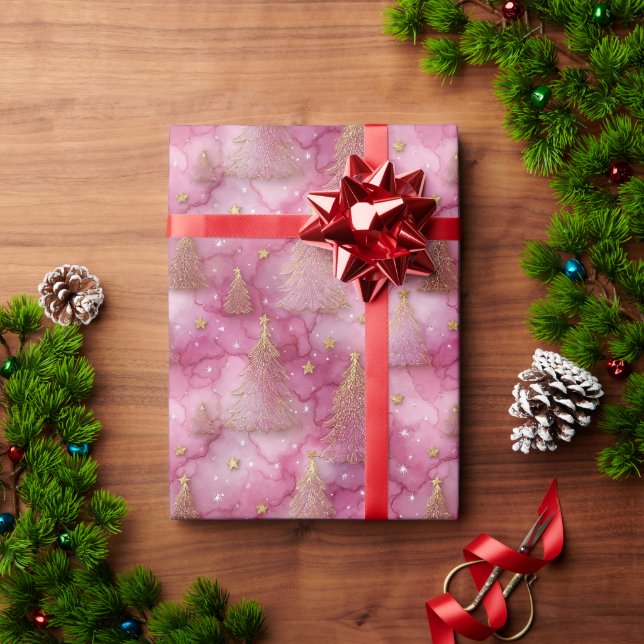 Papel De Presente Árvore de Natal Brilhante em Dourado sobre Rosa (Presente de Natal)