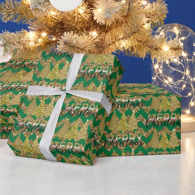 Papel De Presente Árvore de natal brilhante verde e dourada (Feriados)