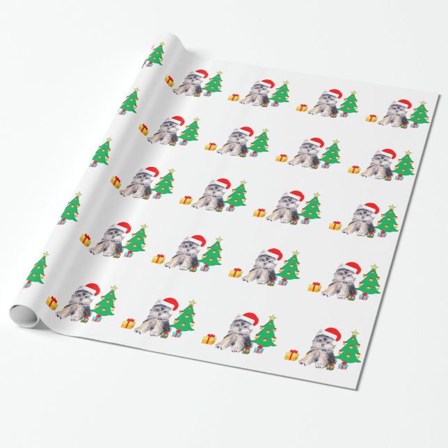 Papel De Presente Árvore de Natal, cachorro fofo Yorkshire e present (Desenrolado)