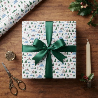 Papel De Presente Árvore de Natal Chalé Alpino Tema Montanha Nórdica
