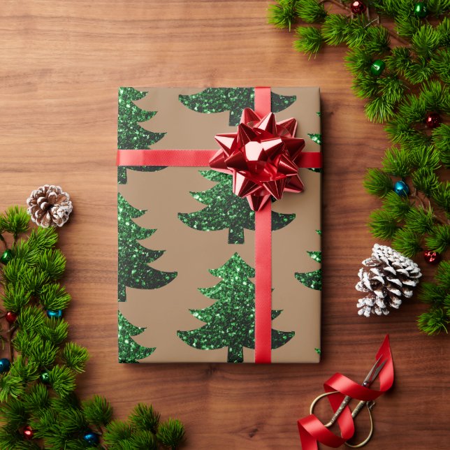 Papel De Presente Árvore de Natal cintilante padrão verde-claro (Presente de Natal)