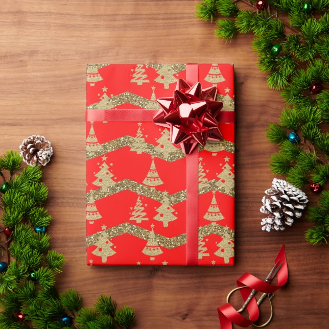 Papel De Presente Árvore de natal com brilho vermelho (Presente de Natal)