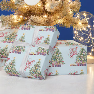 Papel De Presente Árvore de Natal com Estrela Dourada e Presentes