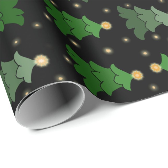 Papel De Presente Árvore de Natal com estrelas em preto (Ponta do rolo)