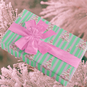 Papel De Presente Árvore de Natal com Listras Rosa Verde Hortelã Vin