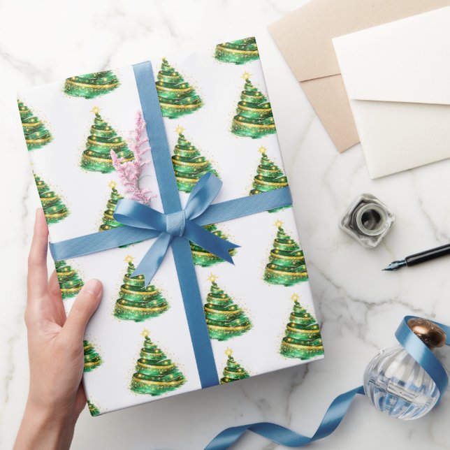 Papel De Presente Árvore de Natal com Redemoinho Dourado Verde Esmer (Presentear)
