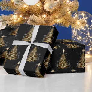 Papel De Presente Árvore De Natal Contemporânea Dourada A Preto