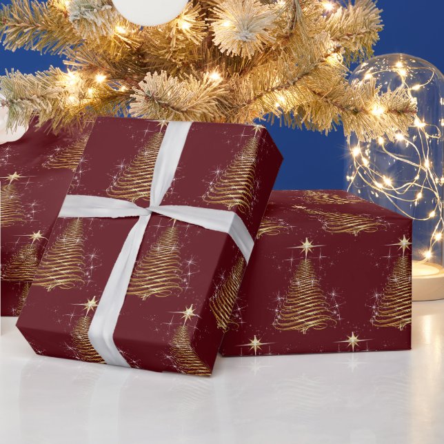 Papel De Presente Árvore De Natal Contemporânea Dourada Em Maroon (Feriados)