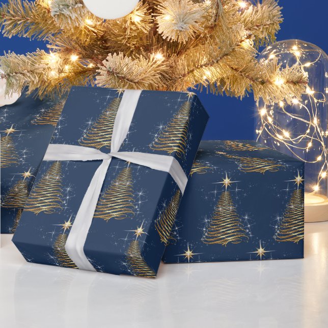 Papel De Presente Árvore de Natal Contemporânea Dourada Sobre Azul M (Feriados)