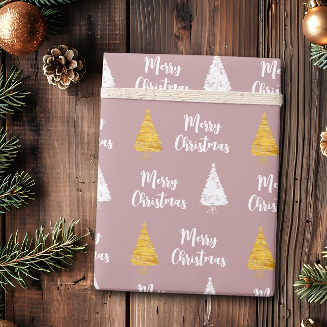 Papel De Presente Árvore de Natal Custom Dusty Rose Branco Dourado (Criador carregado)