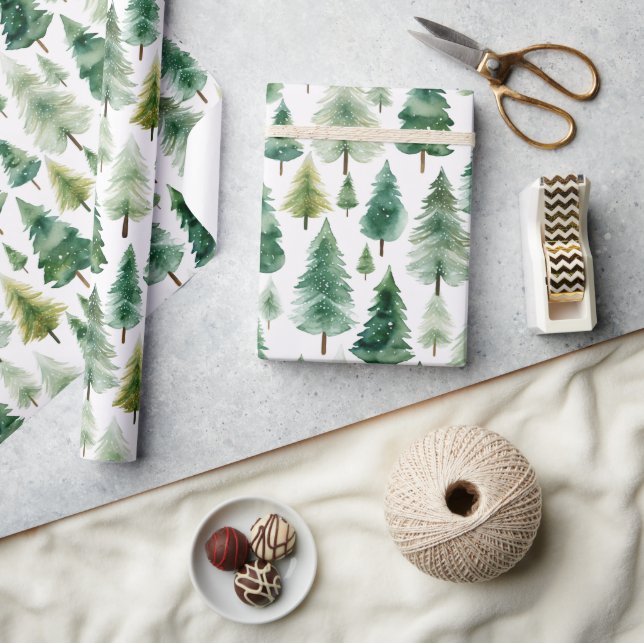 Papel De Presente Árvore de Natal de Inverno em Aquarela (Artesanato)