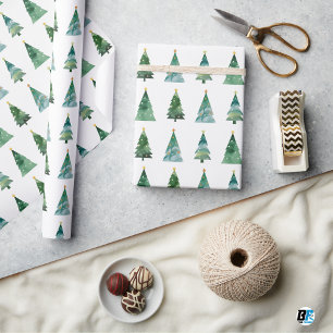 Papel De Presente Árvore de Natal de Inverno Festiva com Aquarela Br