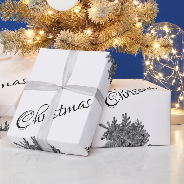 Papel De Presente Árvore de Natal de Inverno Natal Feliz Preto Branc (Feriados)