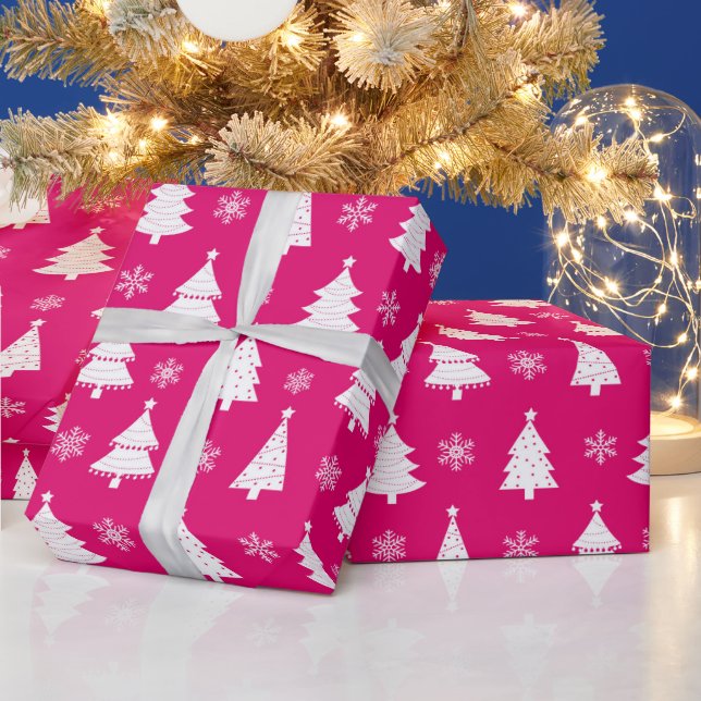 Papel De Presente Árvore de Natal de Inverno Rosa Vibrante & Flocos  (Feriados)