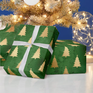 Papel De Presente Árvore de Natal de inverno, verde-festivo e dourad