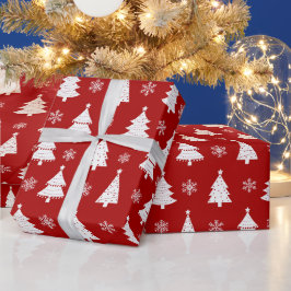 Papel De Presente Árvore de Natal de Inverno Vermelha e Branca & Flo
