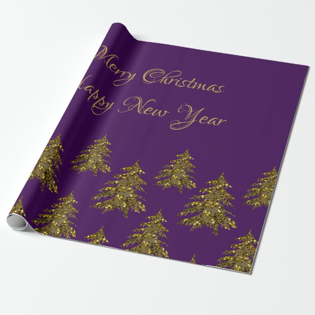 Papel De Presente Árvore de Natal de ouro cintilante no Natal roxo (Desenrolado)