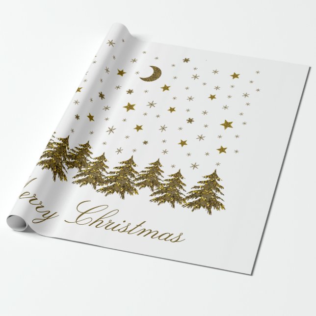 Papel De Presente Árvore de Natal de ouro faísca, lua, estrelas de N (Desenrolado)