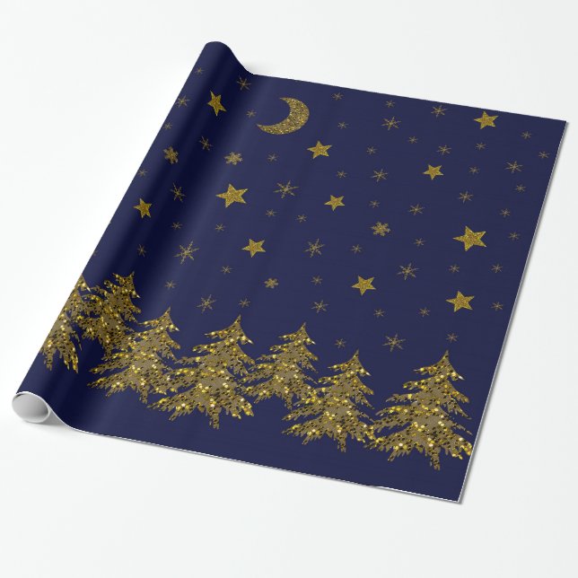 Papel De Presente Árvore de Natal de ouro faísca, lua, estrelas em a (Desenrolado)
