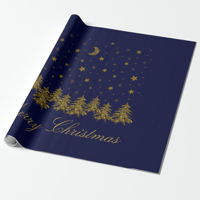 Papel De Presente Árvore de Natal de ouro faísca, lua, estrelas em a (Desenrolado)