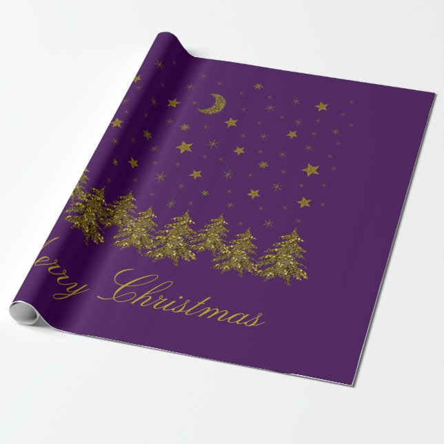 Papel De Presente Árvore de Natal de ouro faísca, lua, estrelas em r (Desenrolado)